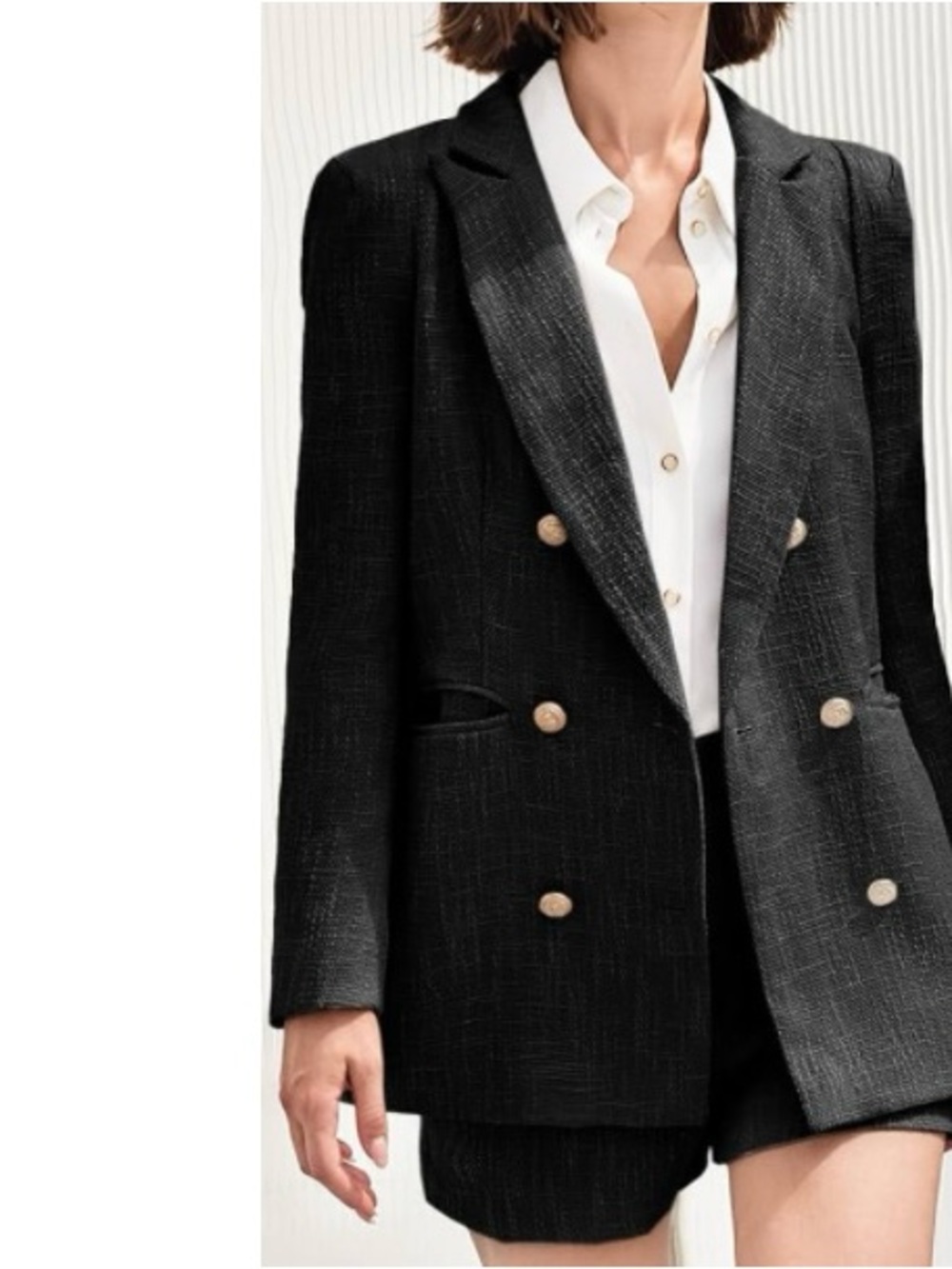 🎉Black Double-Breasted Tweed Blazer & Shorts Set with Gold Buttons - Picture 2 of 8
